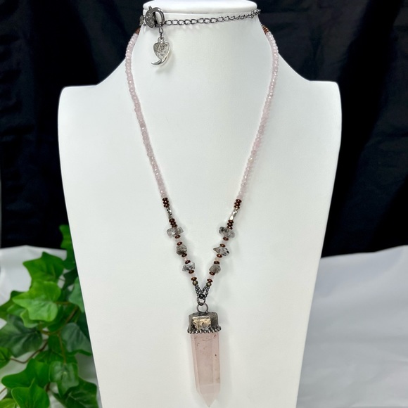 Herkimer Diamond & Rose Quartz Point Crystal Beaded Necklace - Picture 3 of 12